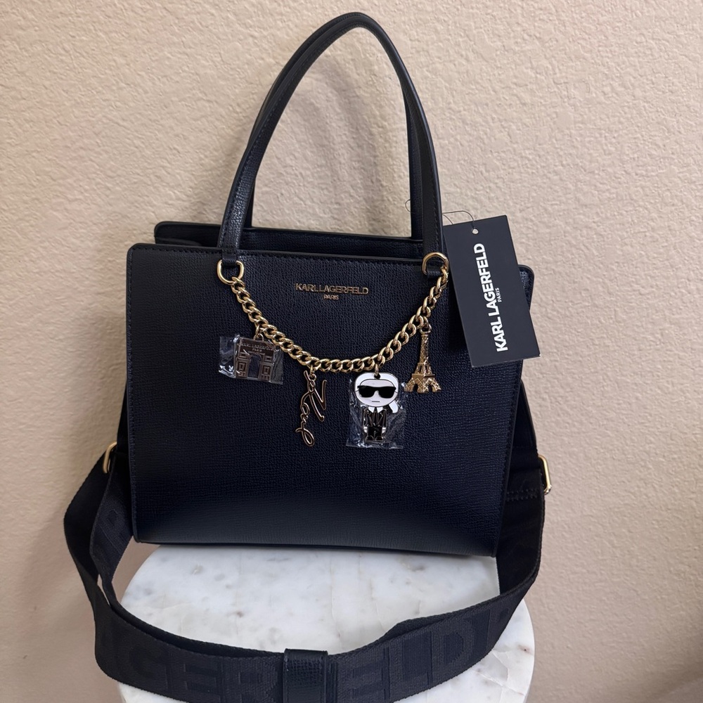 NWT KARL LAGERFELD black Maybelle crossbody top handle satchel Golden charms